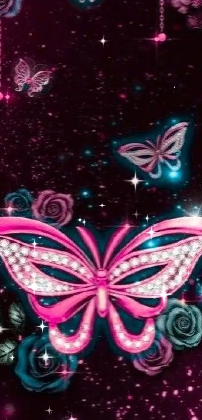Glamorous pink and blue butterfly wallpaper.