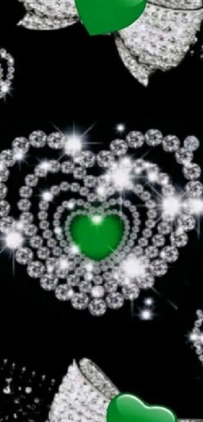 Diamond hearts with green highlights on black background.