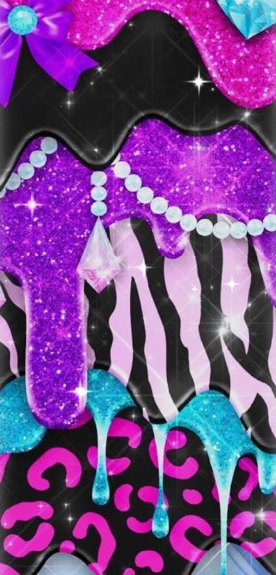 Vibrant glittery mobile wallpaper with animal prints and jewel accents.