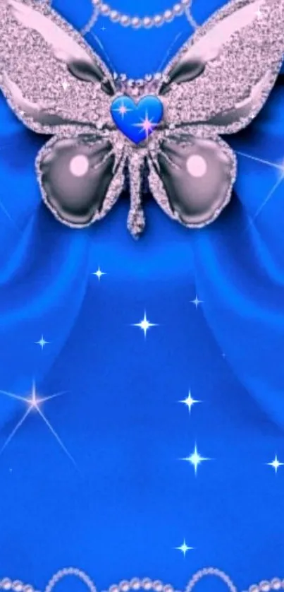 Glamorous blue glitter butterfly with pearls phone wallpaper.