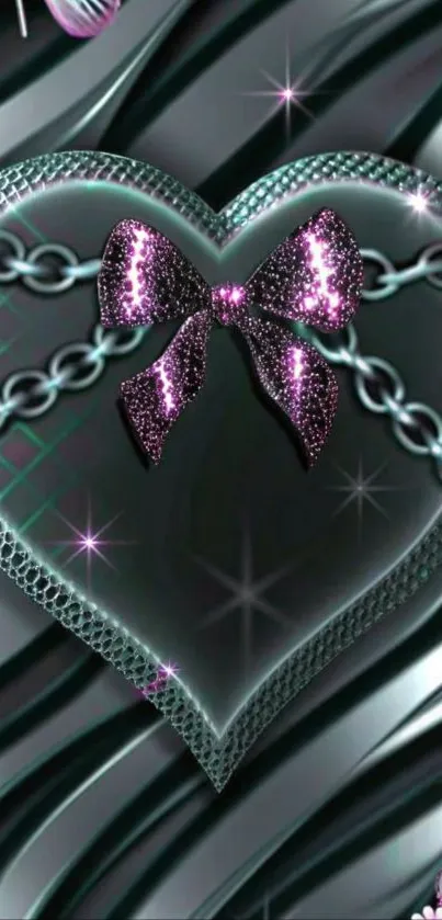 Heart motif with pink bow and chains on black wallpaper.