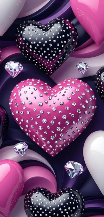 Pink and black gemstone heart wallpaper with vibrant colors.