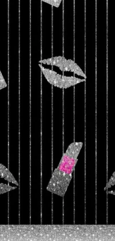 Black wallpaper with glittery lipstick and lips design.