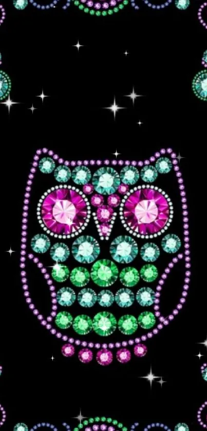 Vibrant gemstone owl design on black wallpaper.