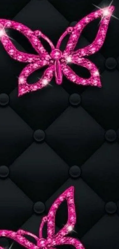 Glamorous pink butterfly wallpaper with sparkles on black.