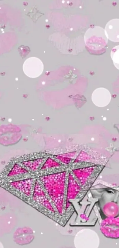 Glam pink wallpaper with diamond and lips design.