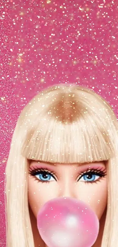 Glamorous pink glitter background with a blonde doll blowing bubblegum.