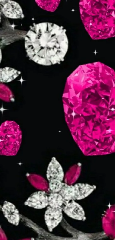 Pink crystal hearts and diamond flowers wallpaper.