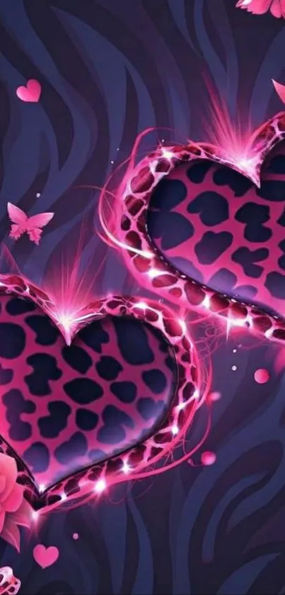 Mobile wallpaper with pink leopard hearts and floral design.