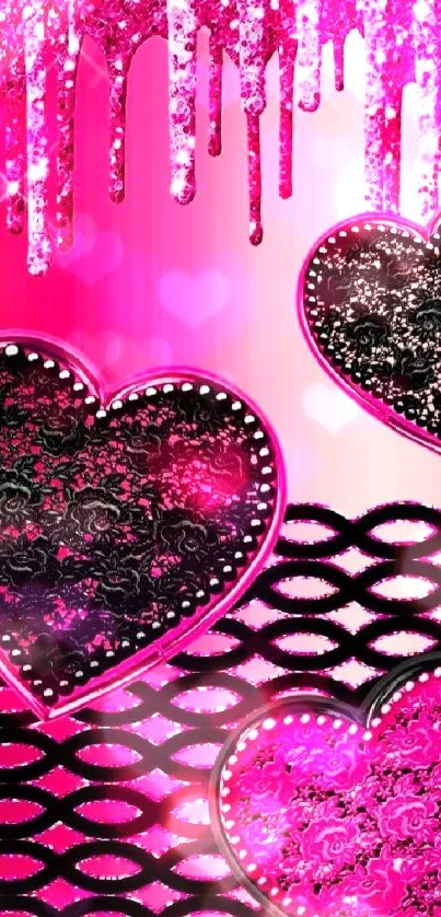 Pink and black hearts with glittering effect on a stylish mobile wallpaper.