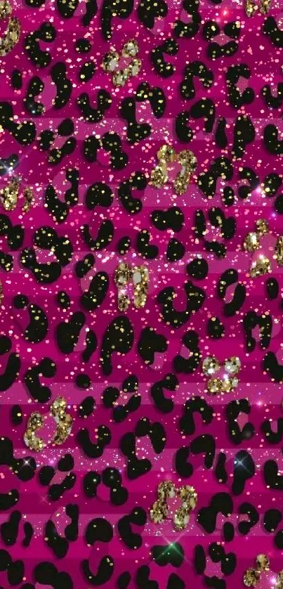 Glamorous pink leopard print with black and gold spots wallpaper.