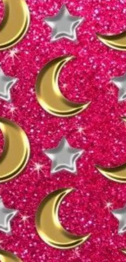 Pink glitter wallpaper with gold moons and silver stars.