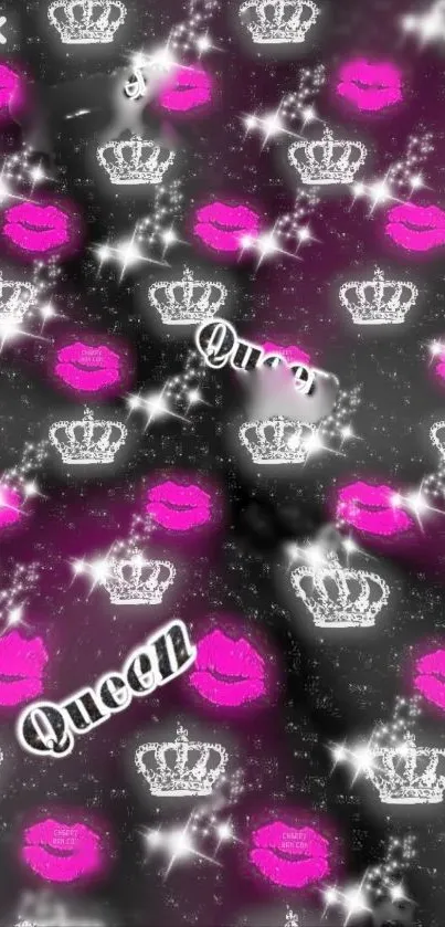 Glamorous wallpaper with pink lips and crowns, featuring 'Queen' text.