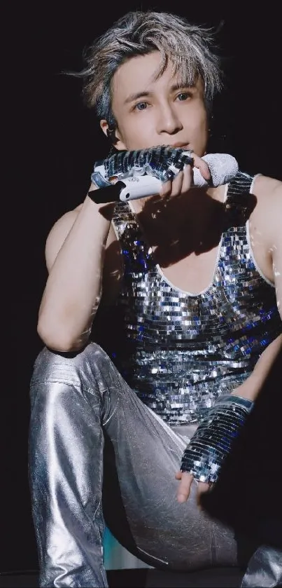 Glamorous rock star in metallic outfit performing on stage.