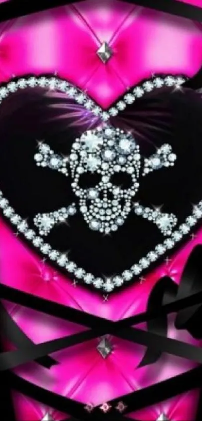 Pink and black wallpaper with a rhinestone skull heart design.