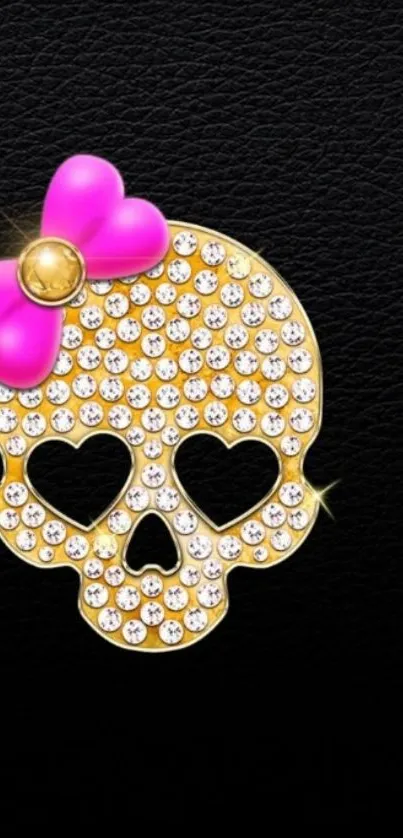 Glamorous skull wallpaper with pink bow on black background.