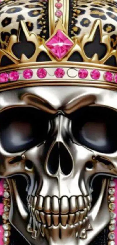 Metallic skull with jeweled crown on pink background.