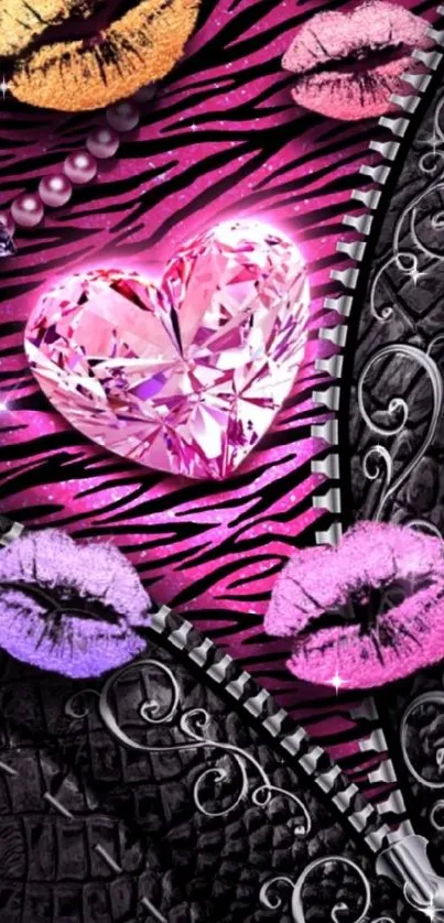 Hot pink zebra pattern with gem heart and lips.