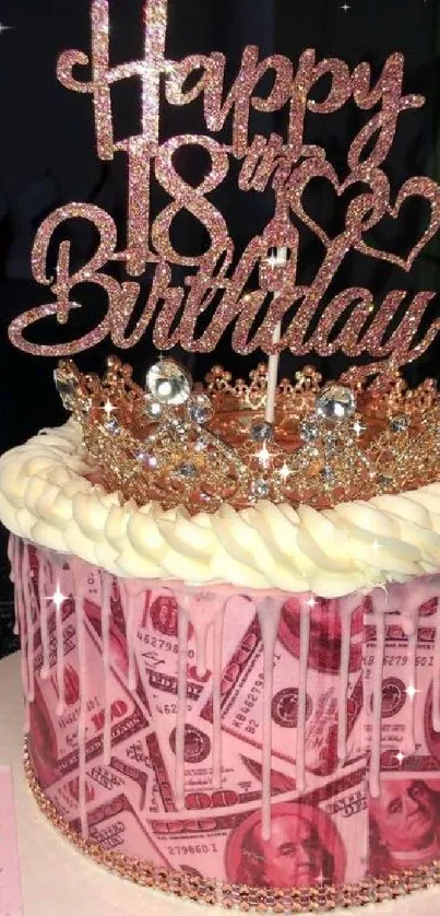 Glamorous pink 18th birthday cake with sparkling crown.