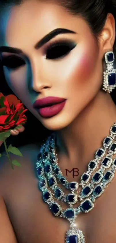 Glamorous art wallpaper with jewelry and vibrant colors.