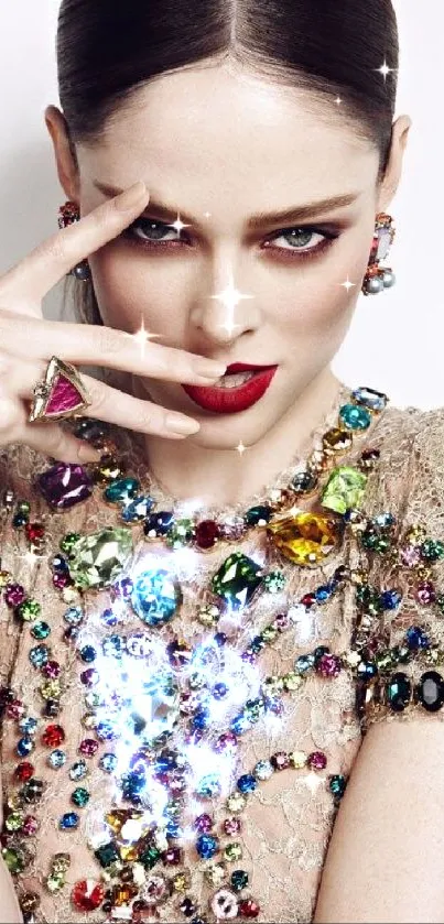 Glamorous woman in bejeweled dress wallpaper