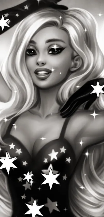 Stylish black and white artwork of a glamorous woman with star accents.