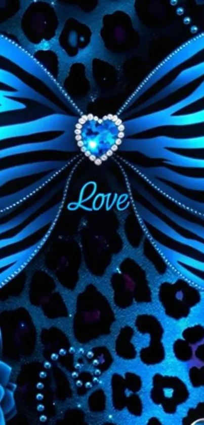 Vibrant blue bow with leopard pattern wallpaper featuring a heart gem.