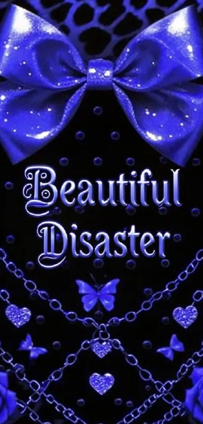 Glamorous blue bow with chains and roses on wallpaper.