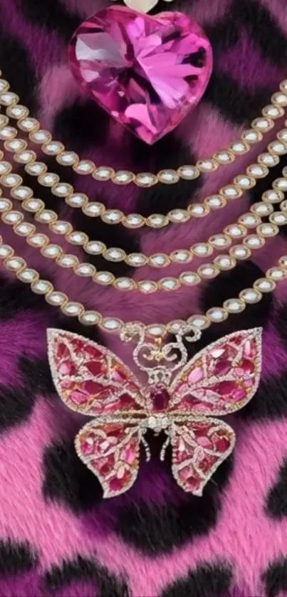Jewelled butterfly on pink leopard print with pearls.