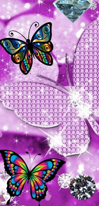 Vibrant wallpaper with colorful butterflies and jewels on a purple background.