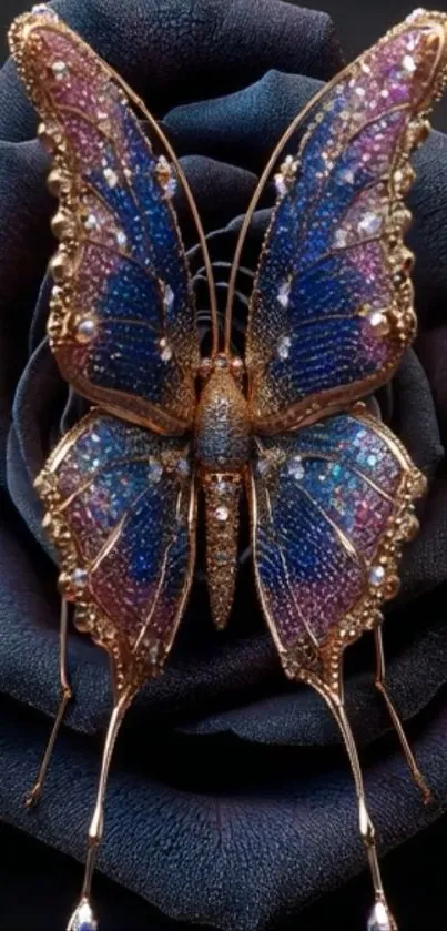 Jeweled butterfly on dark rose mobile wallpaper.