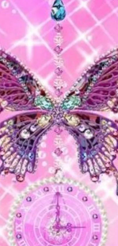 Pink jeweled butterfly wallpaper with sparkling effect.