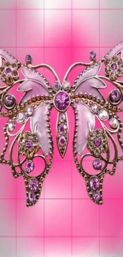 Glamorous jeweled butterfly on pink grid background.