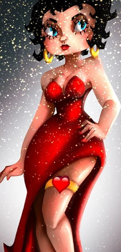 Stylish cartoon girl in red dress with sparkles.