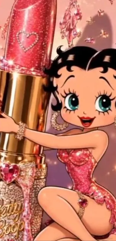 Famous cartoon character hugging a giant lipstick in vibrant colors.