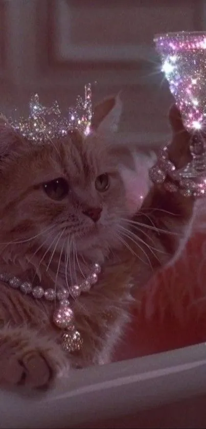 Cat with jewels holding a sparkling glass