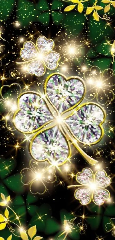 Glamorous jeweled clover wallpaper with gold and sparkle accents on dark background.