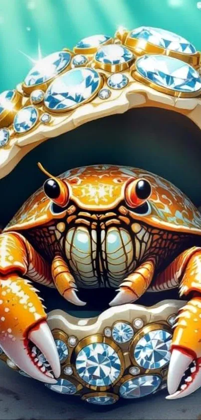 Fantasy crab with jewel-studded shell in turquoise ocean.