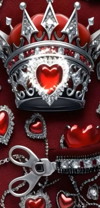 Glamorous crown with red jewels on wallpaper.