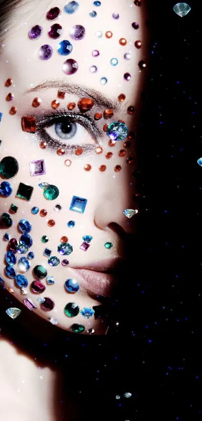 Face adorned with colorful crystals on a dark background.