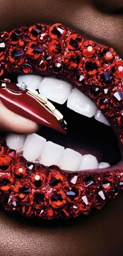 Close-up of lips with red crystals and glossy red nails, perfect for a chic wallpaper.