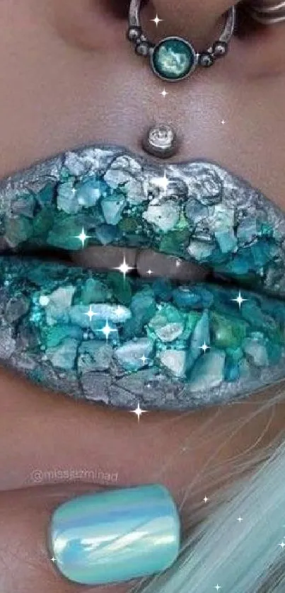 Metallic and turquoise crystal lips with matching manicure and nose ring.