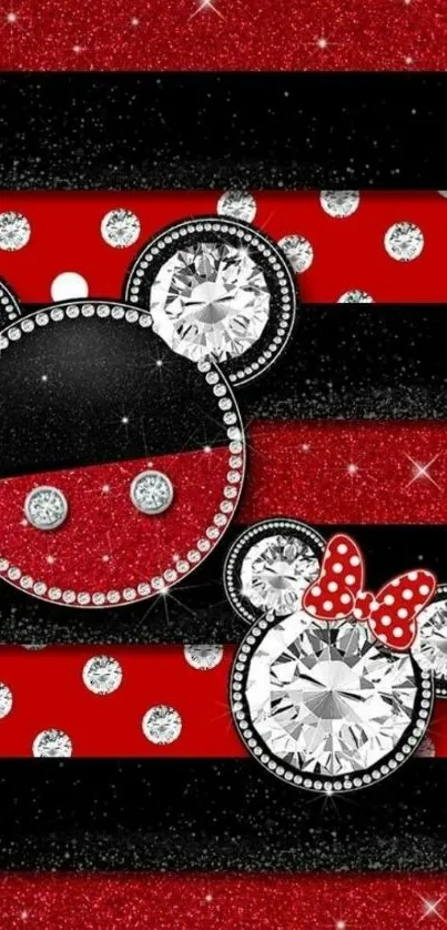 Glamorous crystal mouse with red glitter stripes on wallpaper.