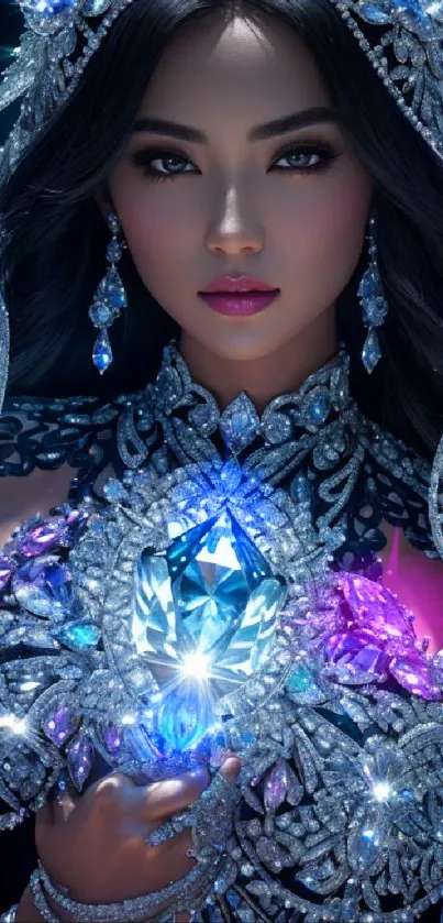 Exquisite portrait with radiant crystals shining on mobile wallpaper.
