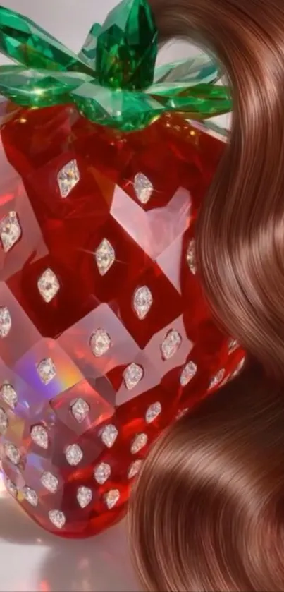 Crystal strawberry with silky brown hair, luxurious art.