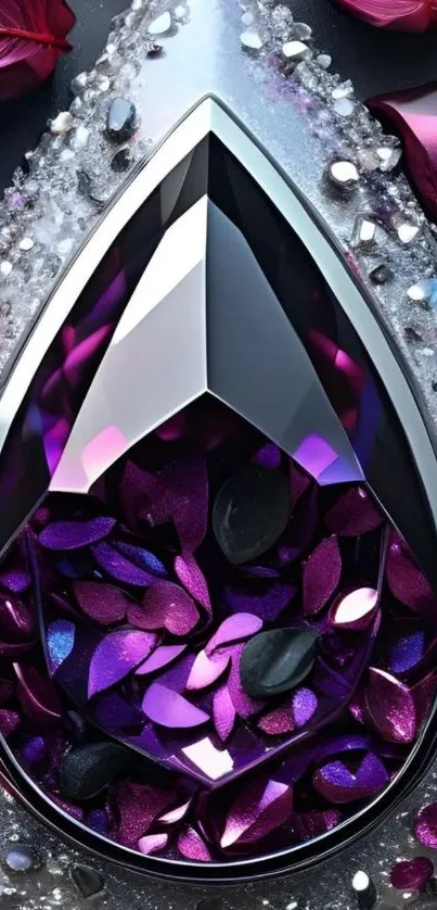 Purple teardrop crystal with artistic design and gemstones.