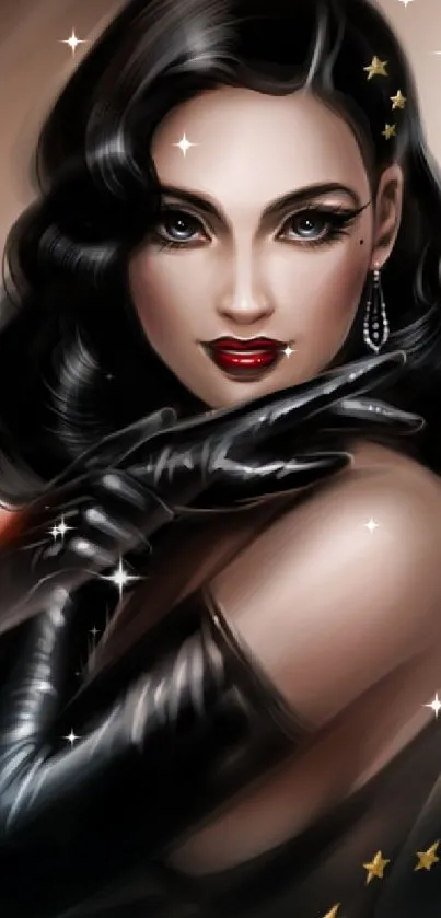 Artistic portrait of a glamorous woman with dark hair and stars.