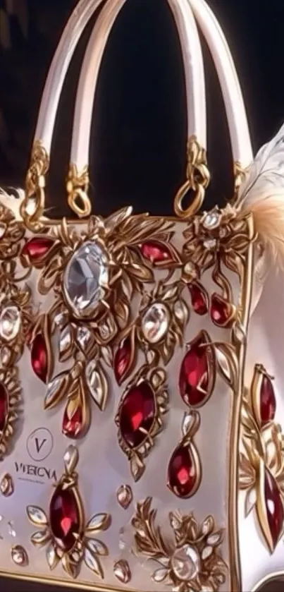 Luxurious designer handbag with jewels and feathers.