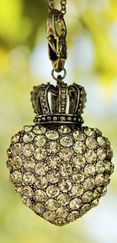 Diamond-studded heart pendant with crown on elegant wallpaper.