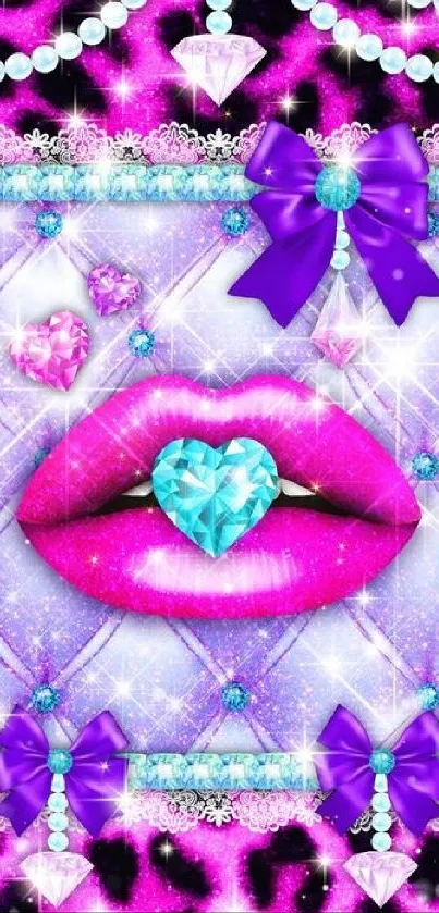 Glamorous wallpaper with pink lips, purple bows, and a diamond heart.